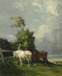 Zwei Pferde Auf Der Weide. by Jules Hereau