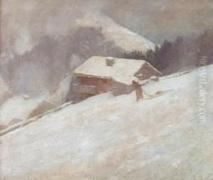 Winterliche Landschaft Mit Bauernhaus Und Frau. by Abraham Hermanjat