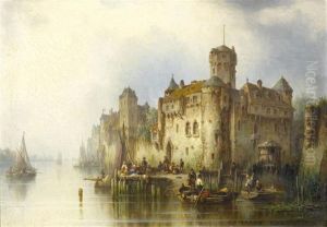 View Of A Castle By A River by Ludwig Herrmann