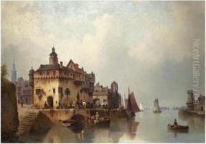 Figures On A Busy Quay Of A Riverside Town by Ludwig Herrmann