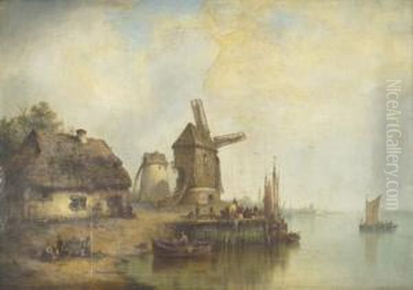 "fischerhutte", Dutch River
Landscape With Figures On A Wooden Quayside Beside A Thatched Cottage, A
Windmill And Fishing Boats Nearby - view 1
