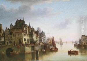 Mittelalterliche Hafenstadt Mit Segelschiffen Am Kai