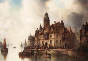 View Of A Riverside Town by Ludwig Herrmann