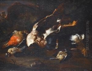 A Dead Mallard, Blue-tits, A Hooper, And A Woodpecker In A Landscape by Johannes Hermans