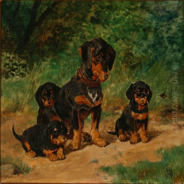 Four Dachshunds Watching A Bumble Bee - view 1