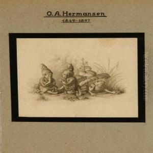 Three Scenes With Elfs, Animals And A Battle Scene by Olaf August Hermansen