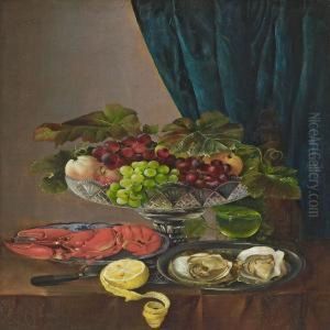 A Still Life Withlobster, Oyster And Grapes In A Centrepiece On A Table