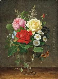 A Vase Of Roses With A Butterfly
Oil On Canvas