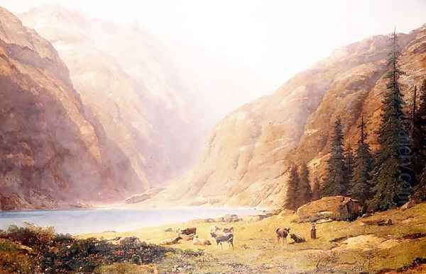 A mountainous lake landscape with cattle - view 1