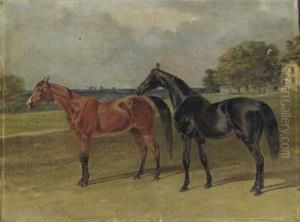 A Bay And A Black Hunter In An Extensive Landscape, Figuresbeyond by Benjamin Herring, Jnr.