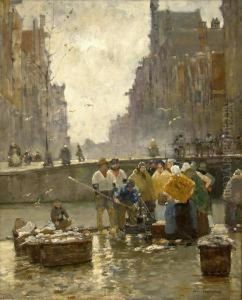 Belebte,hollandische Gracht Mit Fischverkaufern by Hans Herrmann