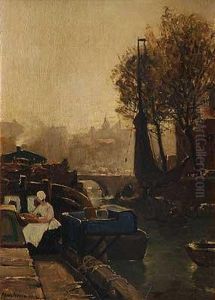 Belebte Gracht Im Morgennebel by Hans Herrmann