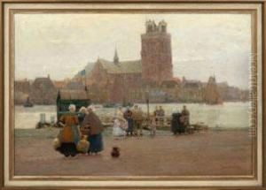 Belebter Kai Am Hafen Von Dordrecht Mit Blick Auf Die Grote Kerk