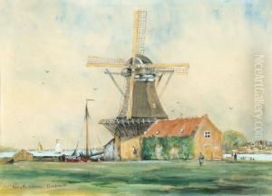 View Of A Mill By The Water In Dordrecht by Hans Herrmann