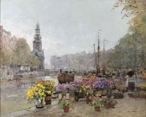 The Flower Market Along The Singel, Amsterdam, With The Munttorenbeyond