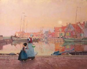 A Dutch Fishing-village At Dusk With Figures On A Quay