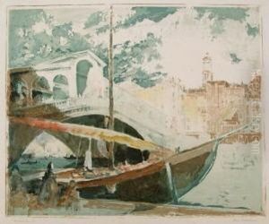 Venedig: Rialto Brucke Mit Ankerndem Boot by Paul Herrmann