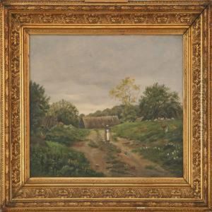 Landscape With A Watercarrying Woman And Some Chickens
