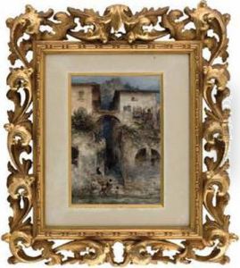 Malerische Italienische Hauser Und Wascherinmit Kind by Albert Hertel