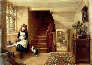 An Interior with a Girl Playing with Cats by Robert Collinson