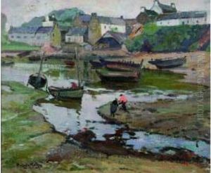 Coin De Port Anime A Maree Basse by Jules Alfred Herve-Mathe