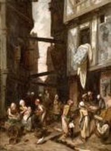 Rue Animee A Rouen by Louis Adolphe Hervier