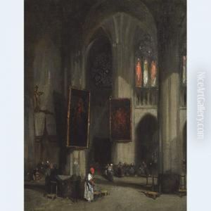 Figures At Prayer In A Cathedral Interior by Louis Adolphe Hervier