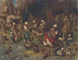 Women And Children At The Hen Market by Louis Adolphe Hervier