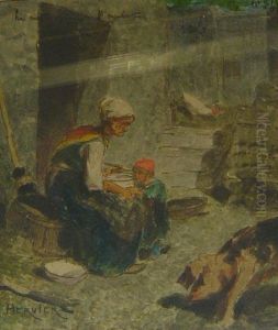 Dans La Cour De La Ferme by Louis Adolphe Hervier