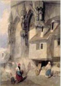 Personnages Devant Un Porche De Cathedrale by Louis Adolphe Hervier