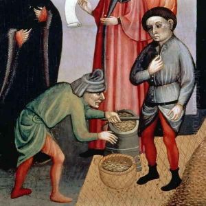 The Miraculous Multiplication of the Grain (detail from the St. Nicholas of Bari altarpiece) 1406 by Jaime Cabrera
