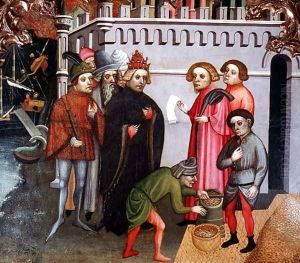 The Altarpiece of St.Michael and St.Nicolas (detail showing the Miraculous Multiplication of the maize) c.1406 by Jaime Cabrera
