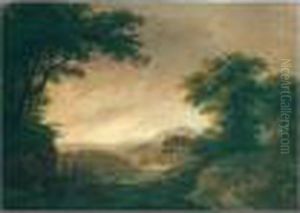 A Panoramic Landscape With Travellers Resting by Ludwig Hess