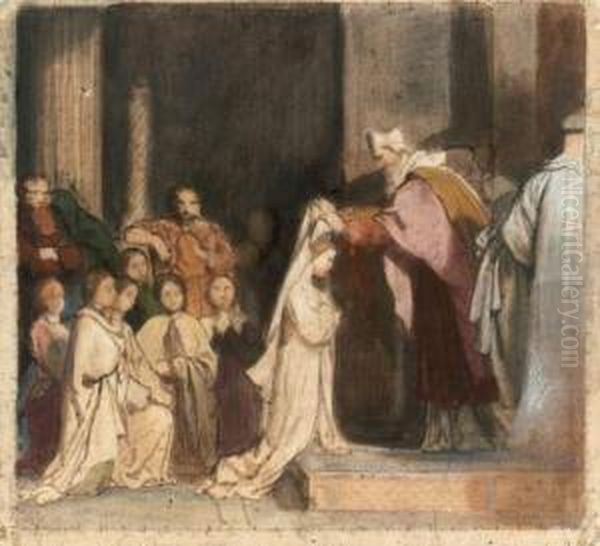 Deux Scenes De La Vie De Sainte Genevieve : L'adoration Et La Prise D'habit
 Pastel, Crayon Noir Et Estompe Sur Papier Beige - view 1