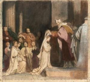 Deux Scenes De La Vie De Sainte Genevieve : L'adoration Et La Prise D'habit
 Pastel, Crayon Noir Et Estompe Sur Papier Beige by Alexandre-Jean-Baptiste Hesse
