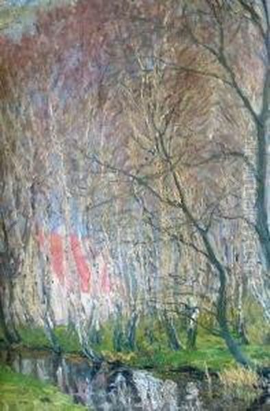 Baumbestandene Landschaft Mit Bach Und Haus - view 1