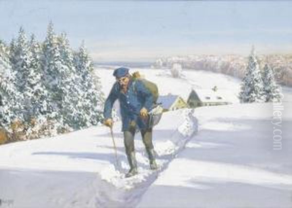 Verschneite Landschaft Mit Postboten. - view 1