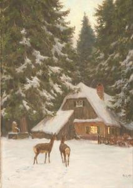 Zwei Rehe Vor Einem Verschneiten Jagdhaus In Winterlicher Waldkulisse - view 1