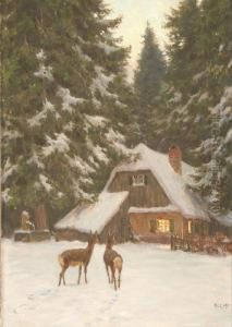 Zwei Rehe Vor Einem Verschneiten Jagdhaus In Winterlicher Waldkulisse by Paul Hey