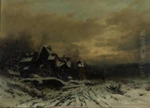 Wanderer In Winterlicher Landschaft Mit Gehoft