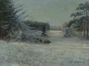 Rotte Wildsauen In Winterlandschaft by Joseph Friedrich N. Heydendahl