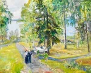 Spaserende Kvinne Og Mann I Kystlandskap by Hans Olaf Heyerdahl