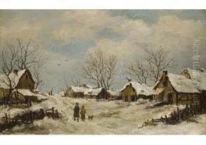 Verschneites Dorf Mit Einem Paar In by Adriaan Jozef Heymans