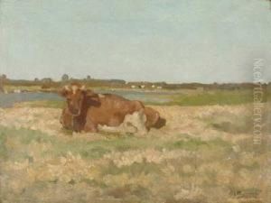 Liegende Kuh An Sommerlichem Kanal by Adriaan Jozef Heymans