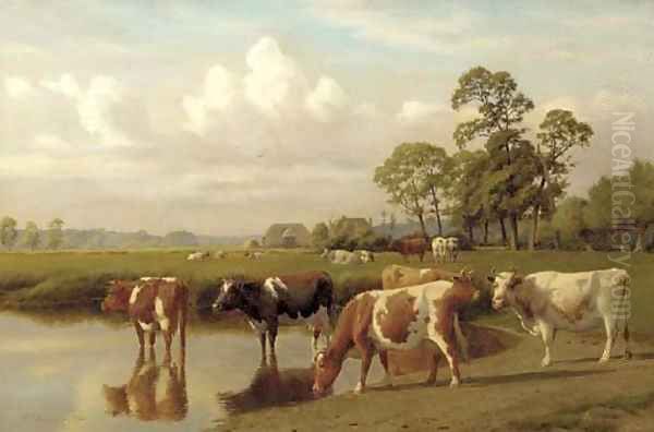 Cattle watering in a meadow by William Sidney Cooper