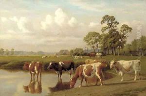 Cattle watering in a meadow by William Sidney Cooper