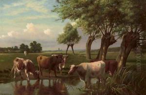 Cattle watering in a summer landscape by William Sidney Cooper