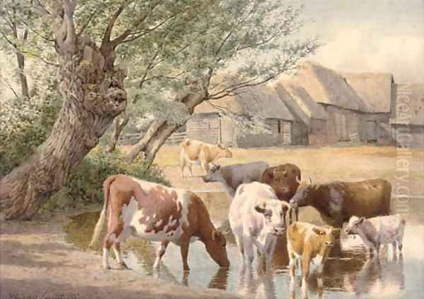 Cattle watering by a farmstead - view 1