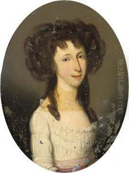 Portrait Of A Lady, Bust-length,
 In A White Dress And Pink Sash;and Portrait Of A Gentleman, 
Bust-length, In A Burgundy Coat - view 1