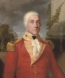 Portrait Of Major General George
 Wahab (1752-1808), Half-length, In The Uniform Of Colonel Of The 17th 
Madras Native Infantry, By A Pillar In An Exotic Landscape